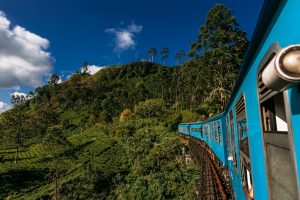 Blue train in Sri Lanka, panorama. Train from Ella in Nuwara Eliya in Sri Lanka island