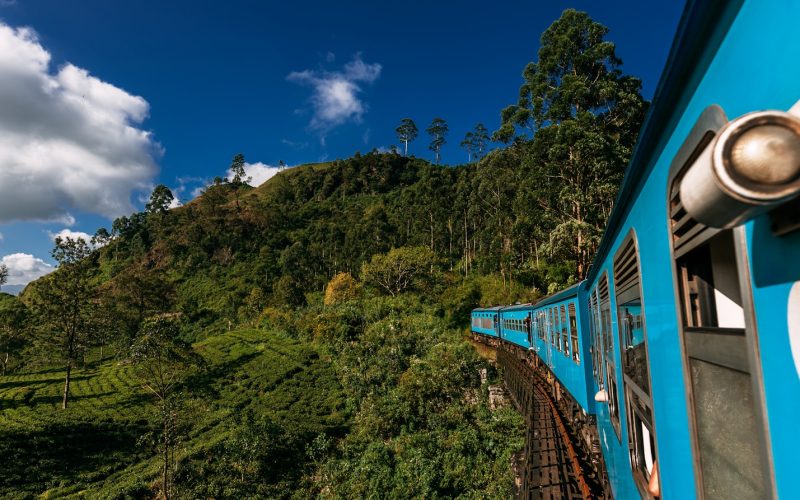 Blue train in Sri Lanka, panorama. Train from Ella in Nuwara Eliya in Sri Lanka island