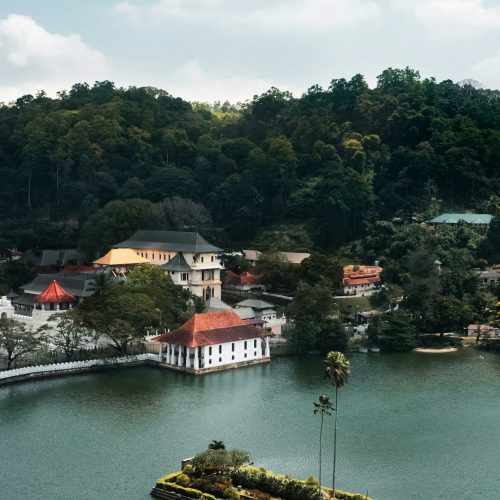 Skyline Aerial View of Kandy Lake City and Temple, Famous Landmark in Sri Lanka.